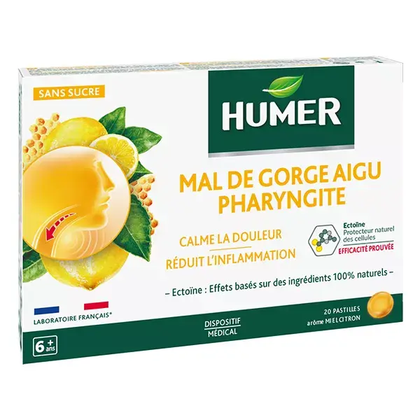 Humer para dor de garganta aguda e faringite, sabor mel e limão, para maiores de 6 anos, 20 pastilhas.