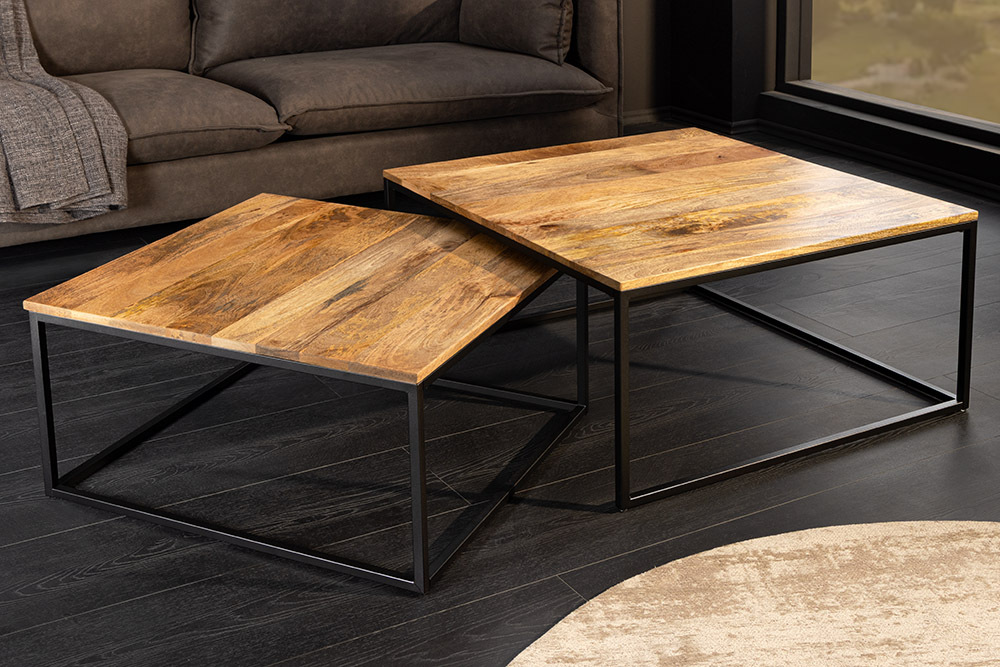 Design Couchtisch 2er Set ELEMENTS 75cm Mangoholz braun schwarzes Gestell