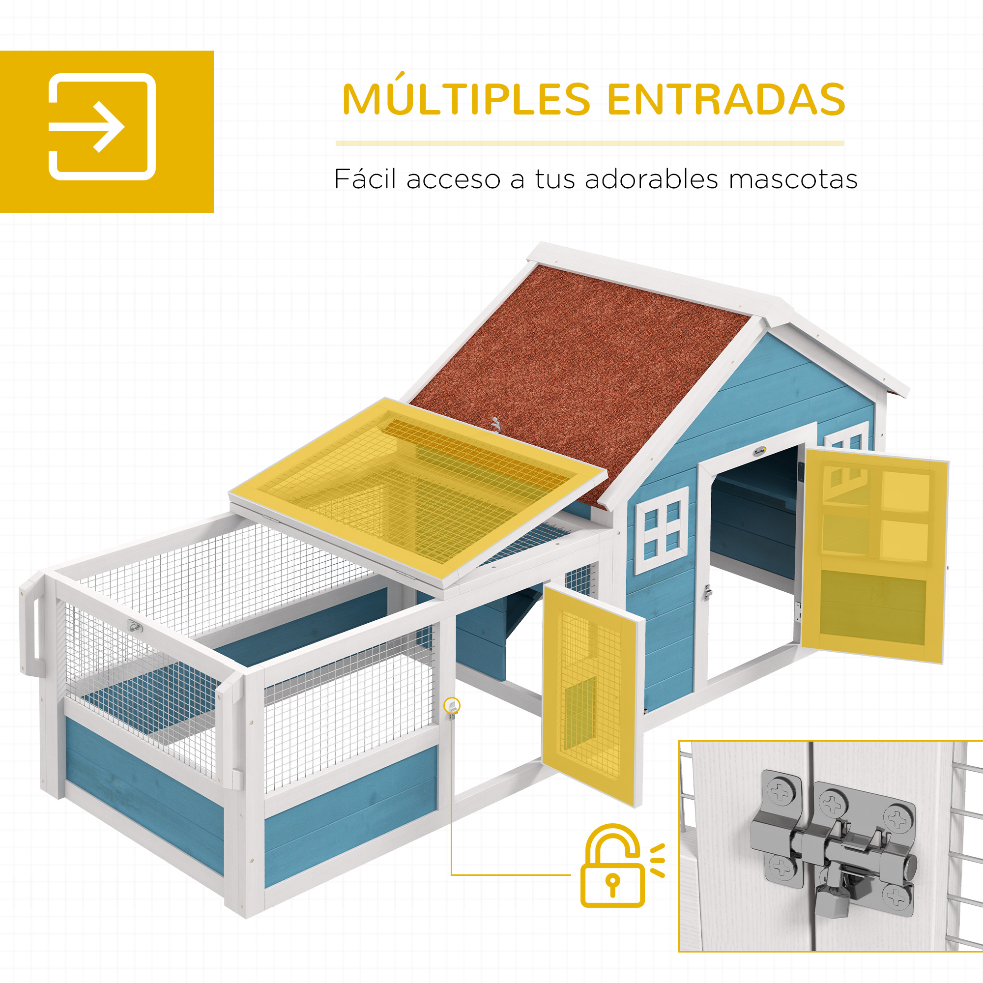 Gaiola de madeira para coelho PawHut, para uso externo, 162,5 x 59,2 x 77,6 cm, grande, com 2 janelas decorativas, 2 rodas, 1 porta, 1 rampa e telhado de asfalto, azul.