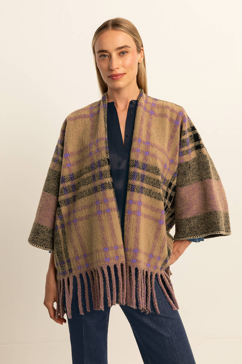 Expresso poncho met franjes bruin