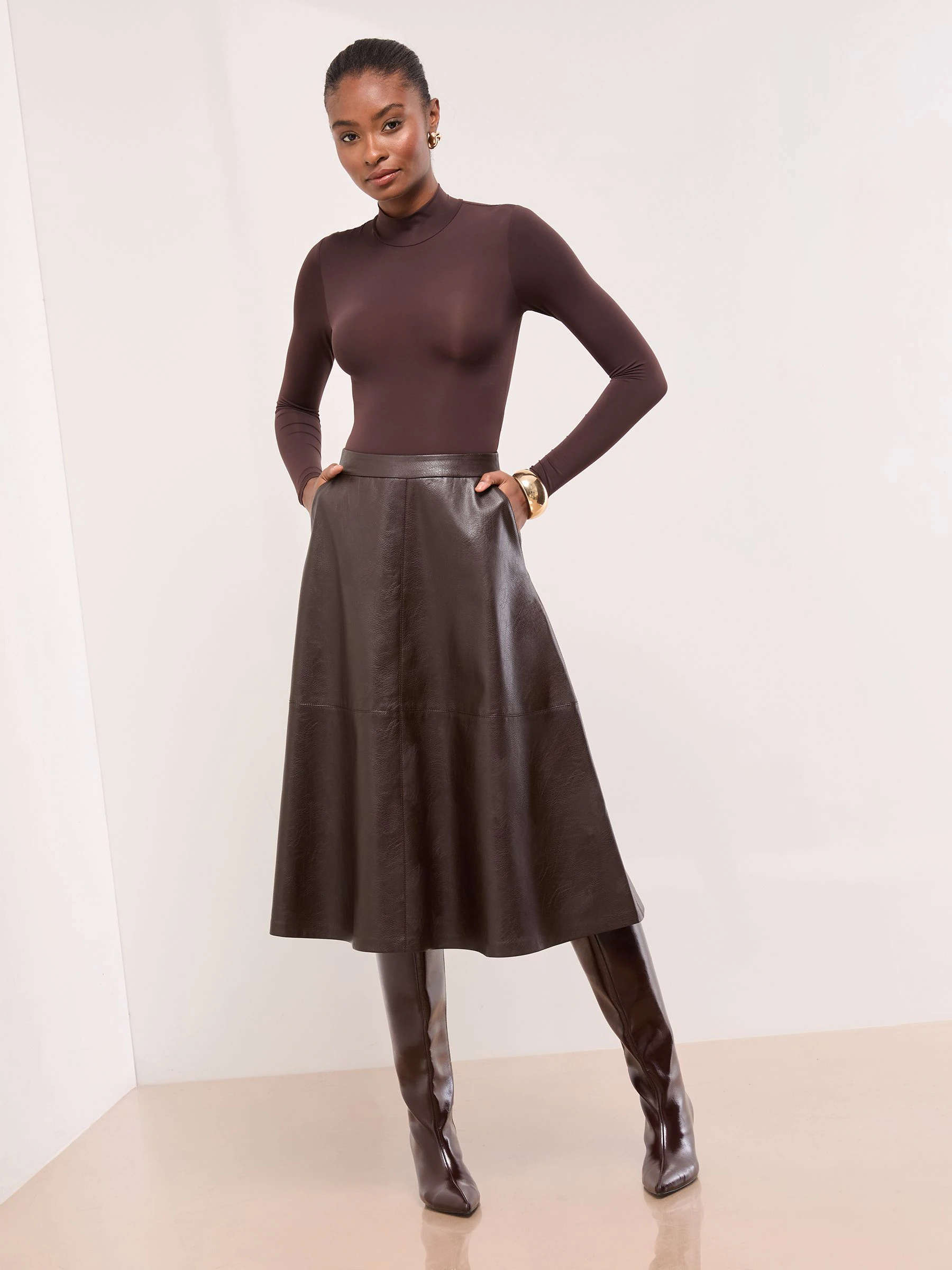 Chocolate Brown Faux Leather - Lipsy Textured Fit and Flared Midi Skirt