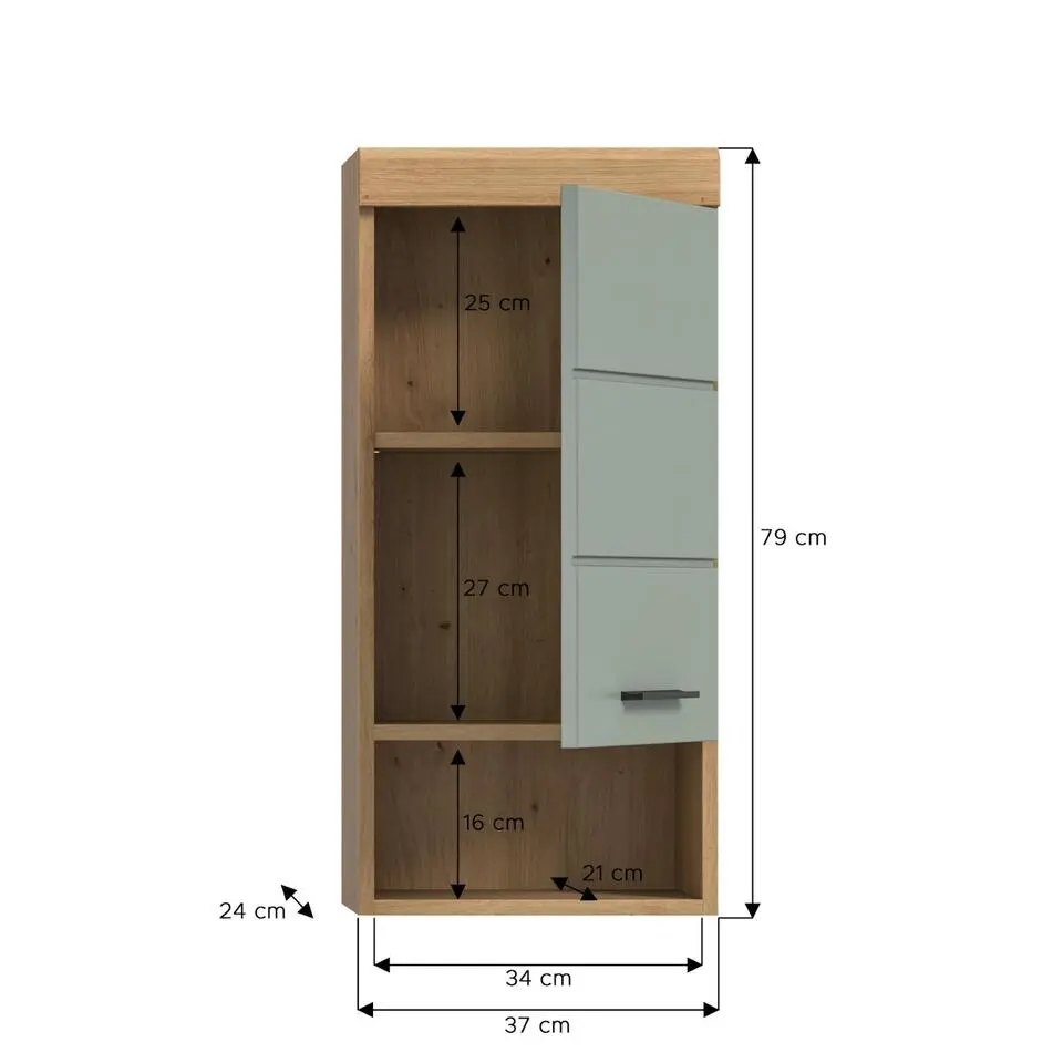 Hioshop Scout badkamerkast wandgemonteerd 1 deur- 1 plank salvie decor- eiken
