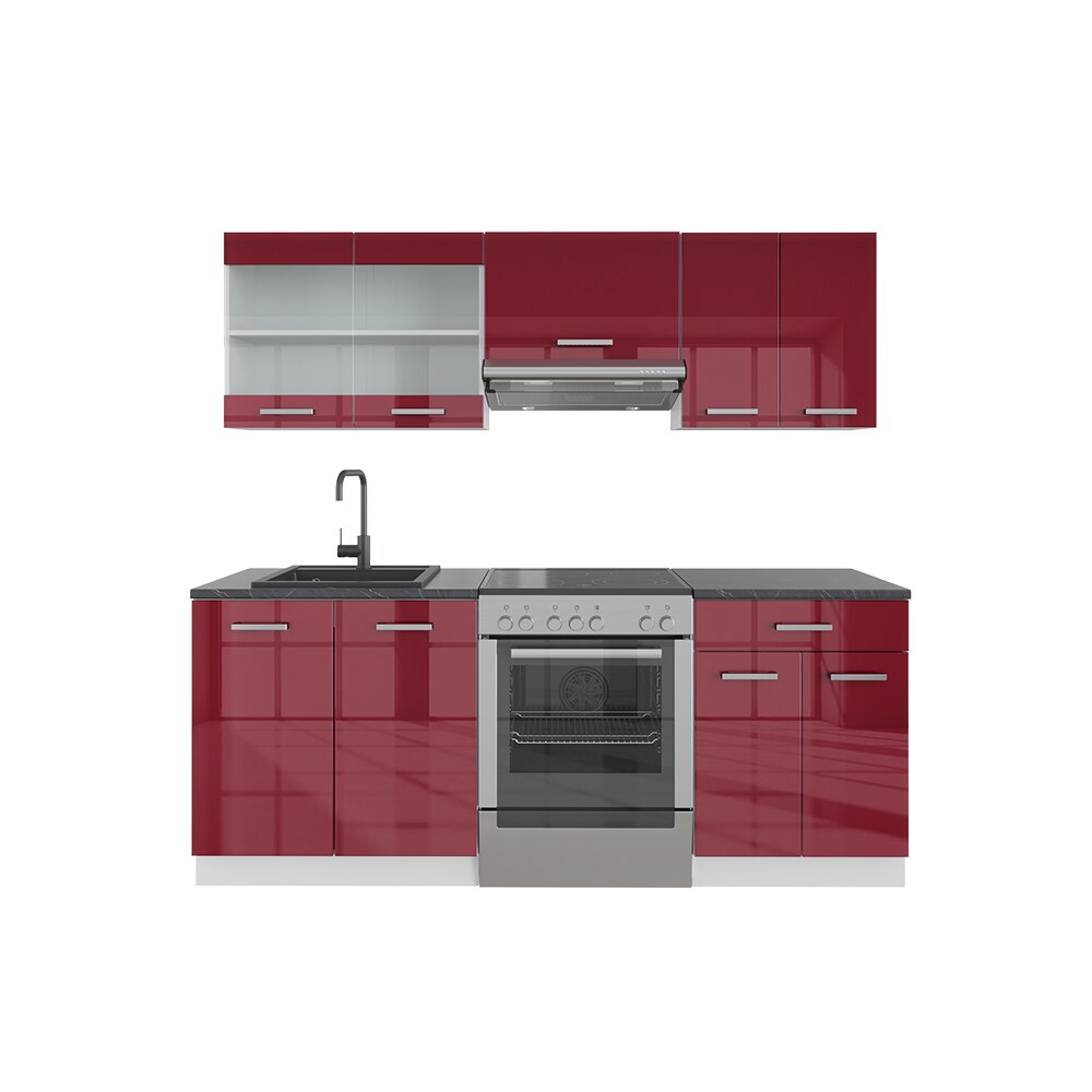 Vicco KÜCHE R-LINE 200CM KÜCHENZEILE KÜCHENBLOCK EINBAU Bordeaux Hochglanz