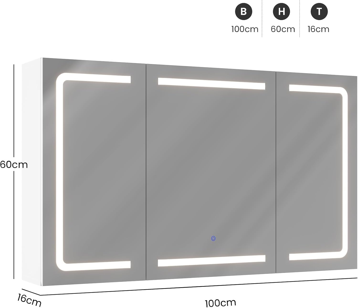 DICTAC Spiegelschrank Bad mit Beleuchtung und Steckdose Badezimmerschrank mit Spiegel und Verstellbares Regal,Badezimmer Spiegelschrank mit 3 Türen,Wandschrank,Hängeschrank,Badspiegel,100x60x16cm,Weiß