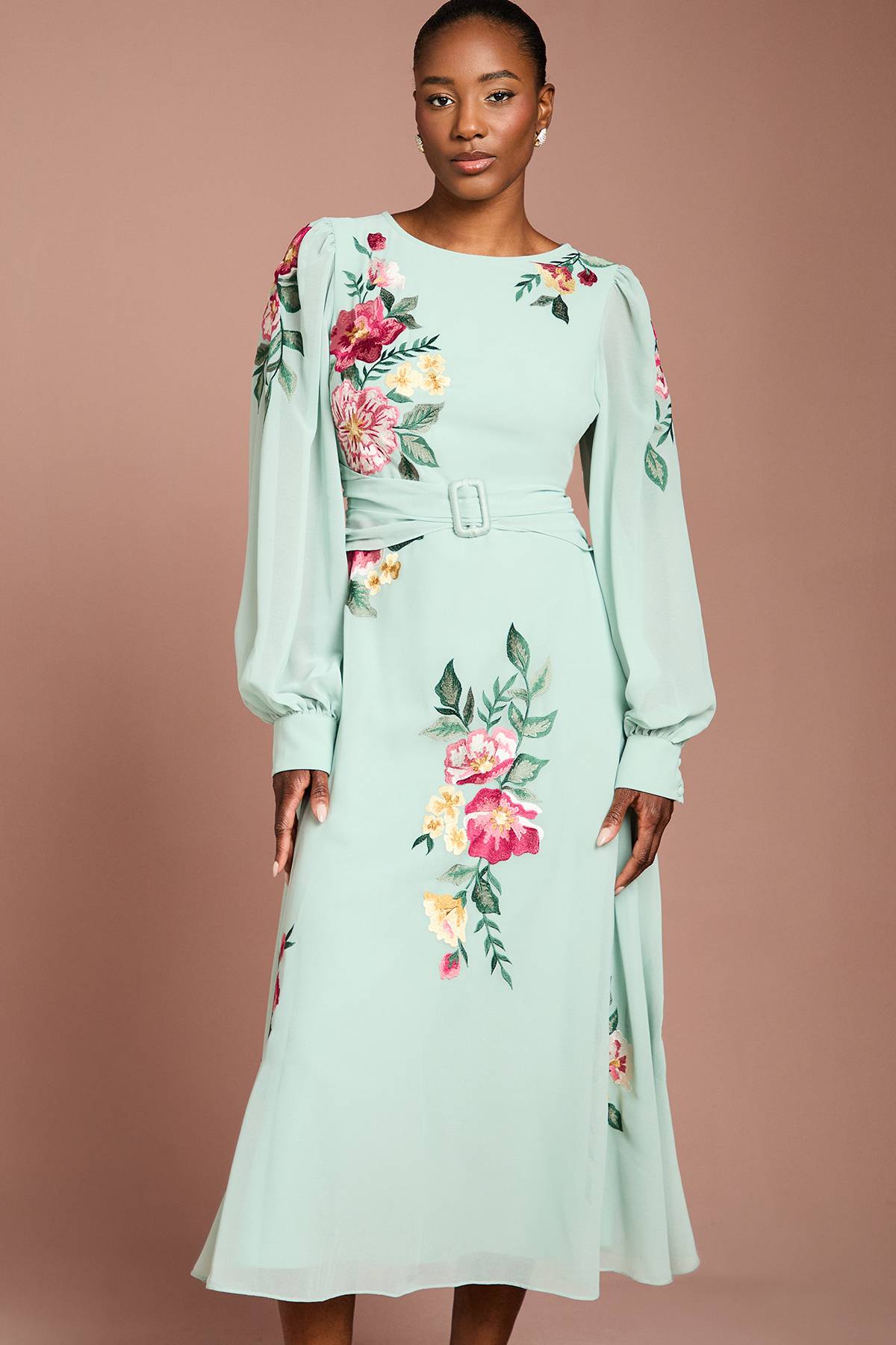 Coast Robe Midi Brodée À Manches Longues Avec Ceinture