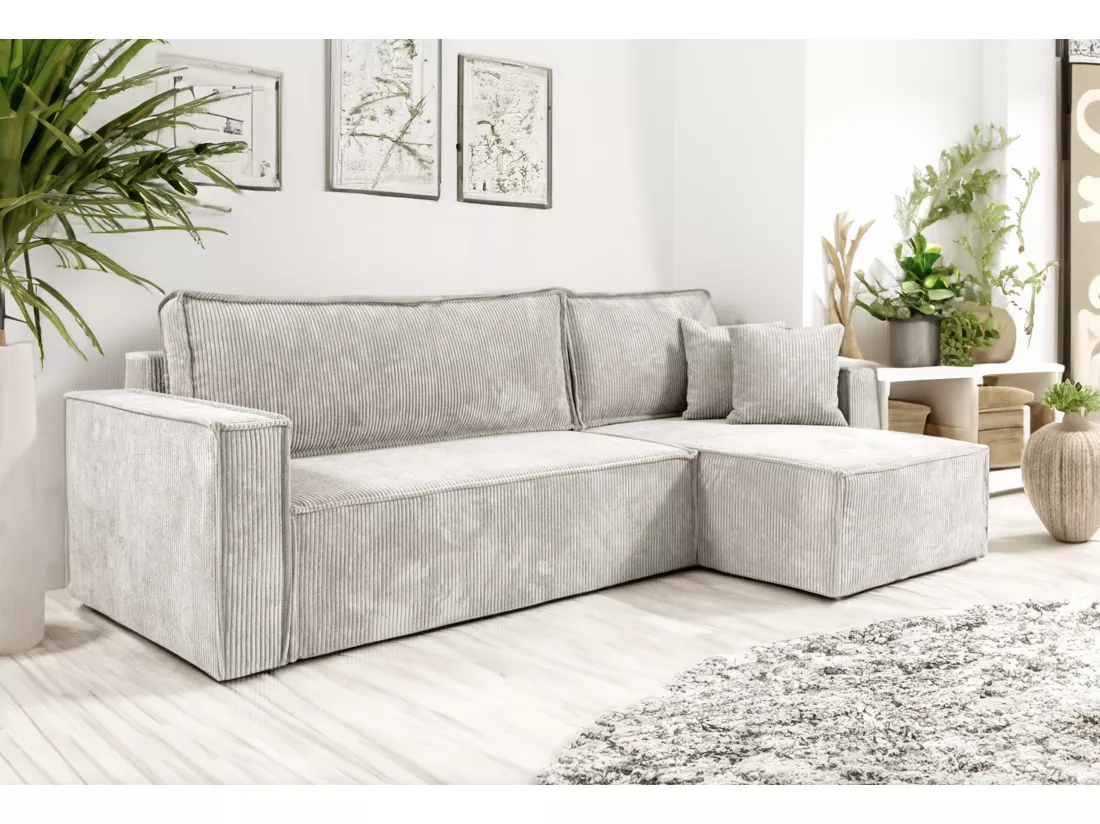Canapé d'angle Convertible Nero en Velours côtelé avec lit et Coffre de Rangement (Beige)