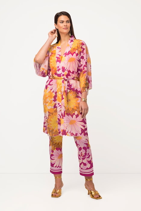 Kimono, Blüten, Bindegürtel, Schalkragen, 3/4-Arm