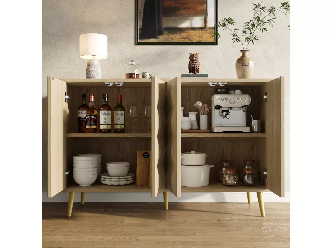 Buffet avec 4 portes gaufrée - 120 x 35 x 78 cm - MDF - pour salle à manger et salon - Naturel