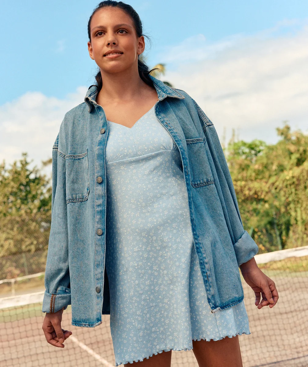 robe fille en coton bio bleu imprimé fleuris