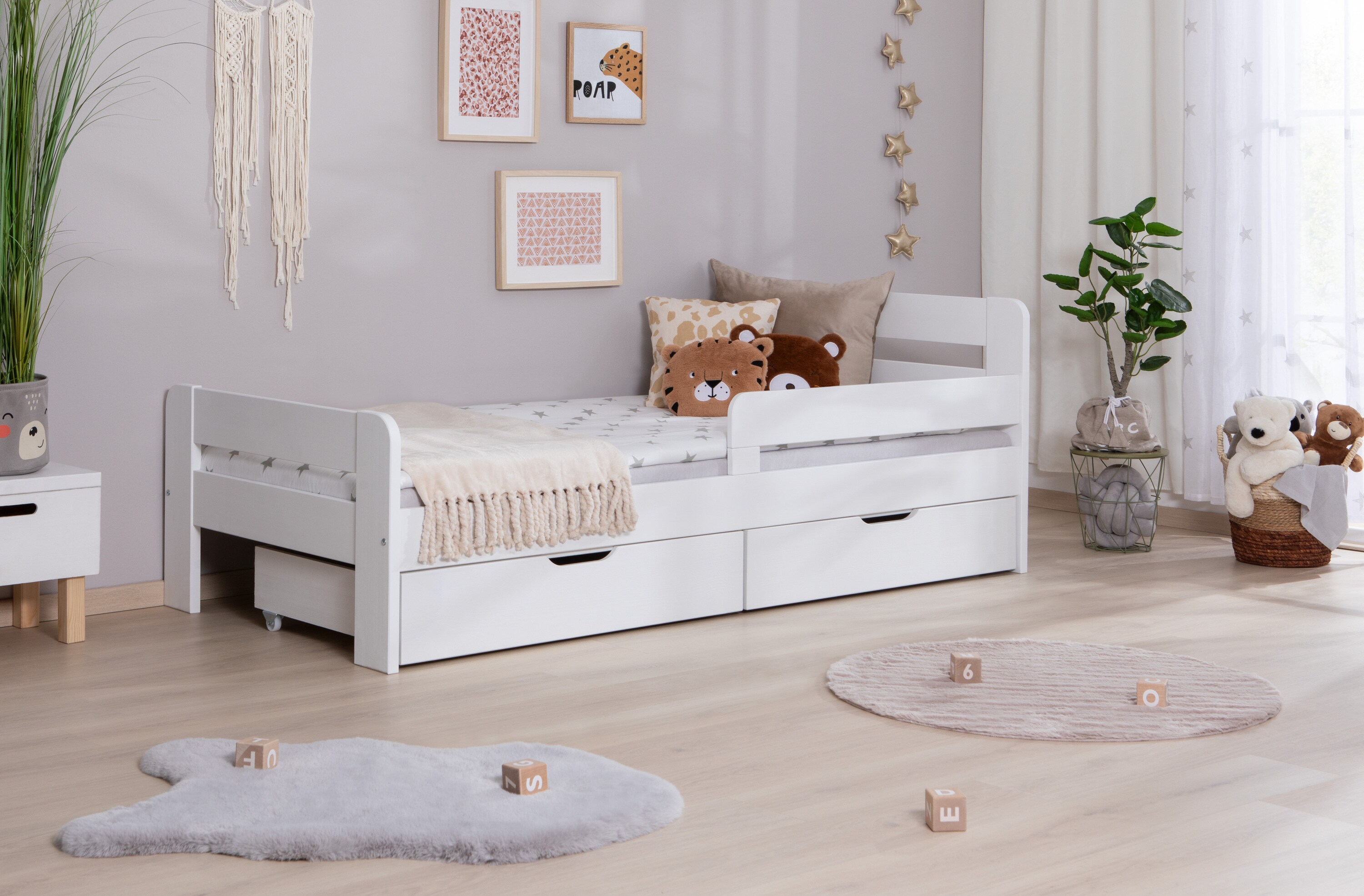 TiCAA Einzelbett Kinderbett Jugendbett, Bennet mit Schubkasten Rausfallschutz & Lattenrost für Schlafzimmer, Kinderzimmer Kiefer Massivholz Bettgestell 90 x 200 cm