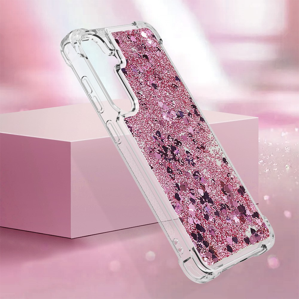 Samsung Galaxy S24 Hardcase Hülle mit Air Cushion Fallschutz Liquid Case Glitzer Herzen - Pink / Transparent