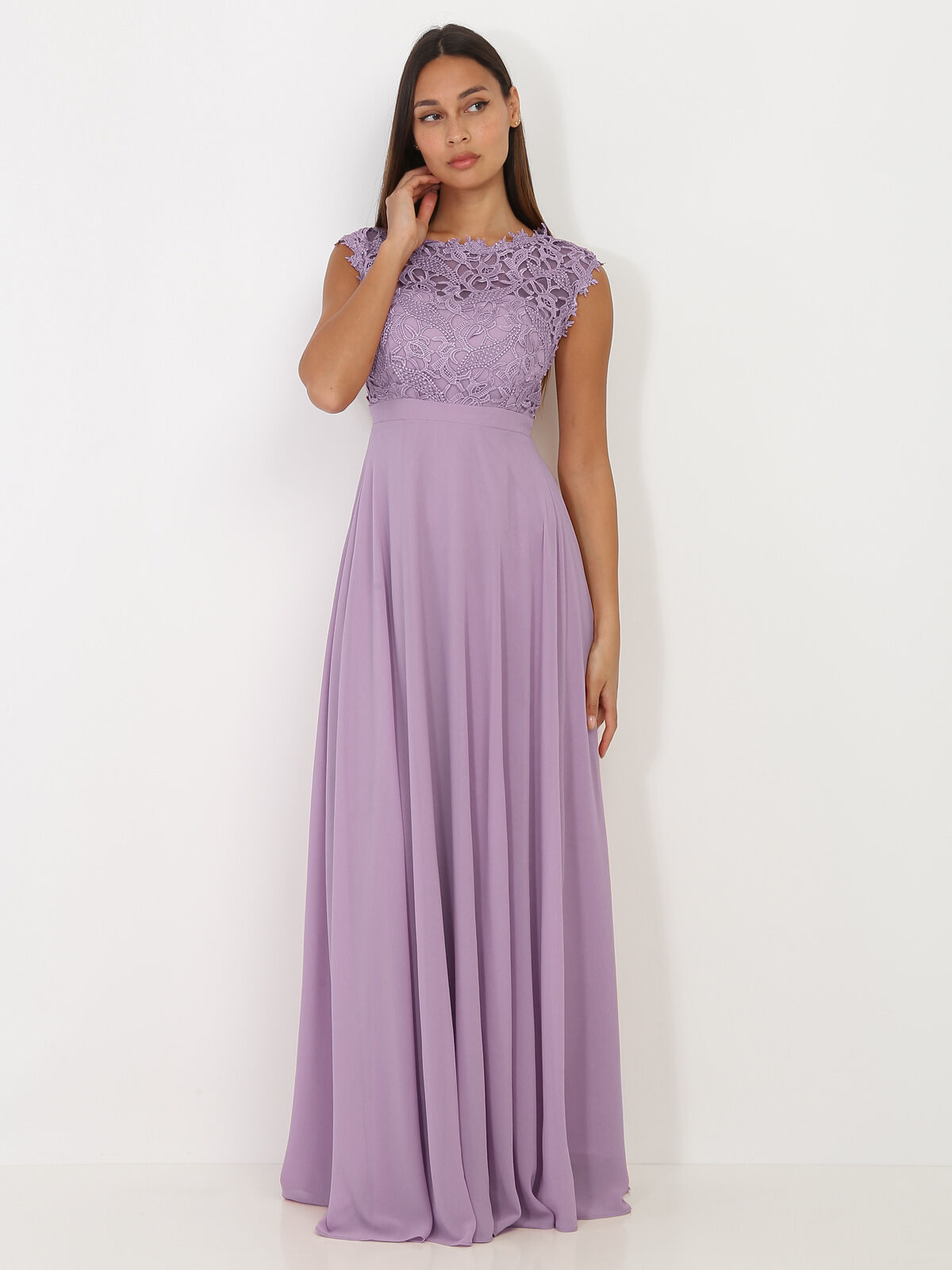 Robe longue à dentelle grandes tailles.- Violet clair