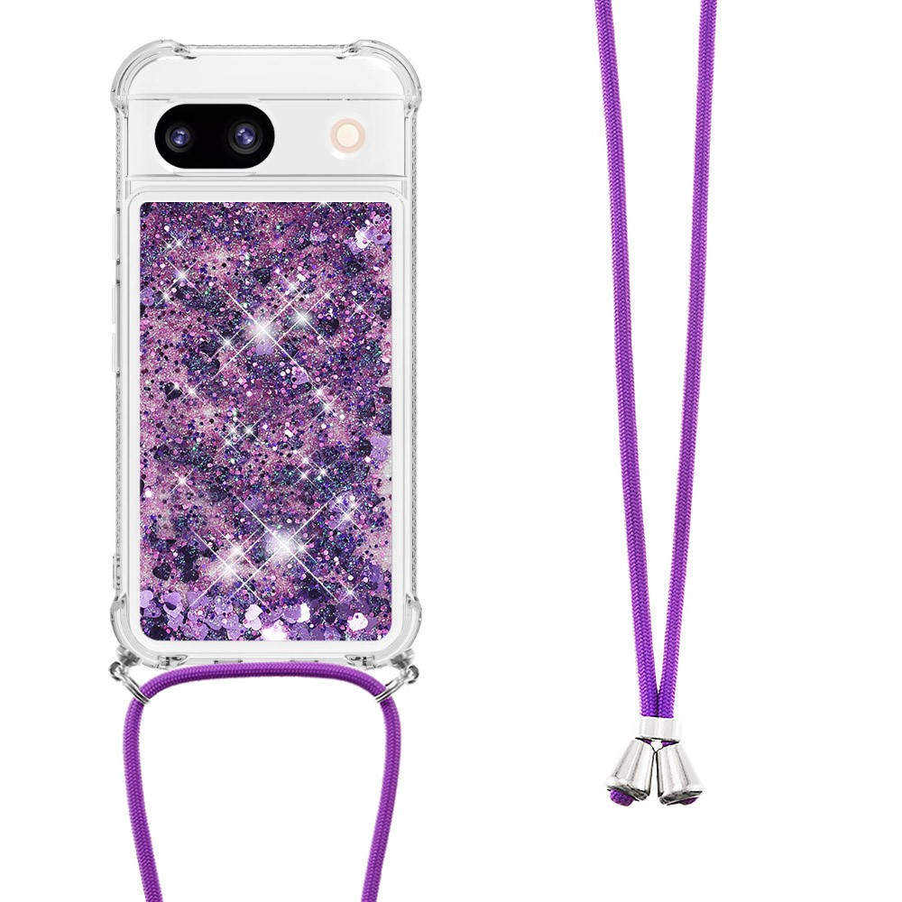 Google Pixel 8a Necklace Gummi Hülle Liquid Glitzer   Handykette (130cm) - Violett / Silber