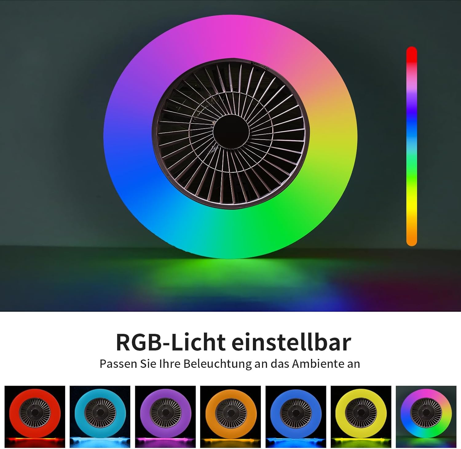 moderne RGB-LED-Deckenleuchte mit Ventilator Ø 60cm, RGB Deckenventilator mit Lampe, Stufenlos Lüftungsgeschwindigkeiten, mühelose Lichtdimmung, 3000-5500 K, Schwarz, 60CM
