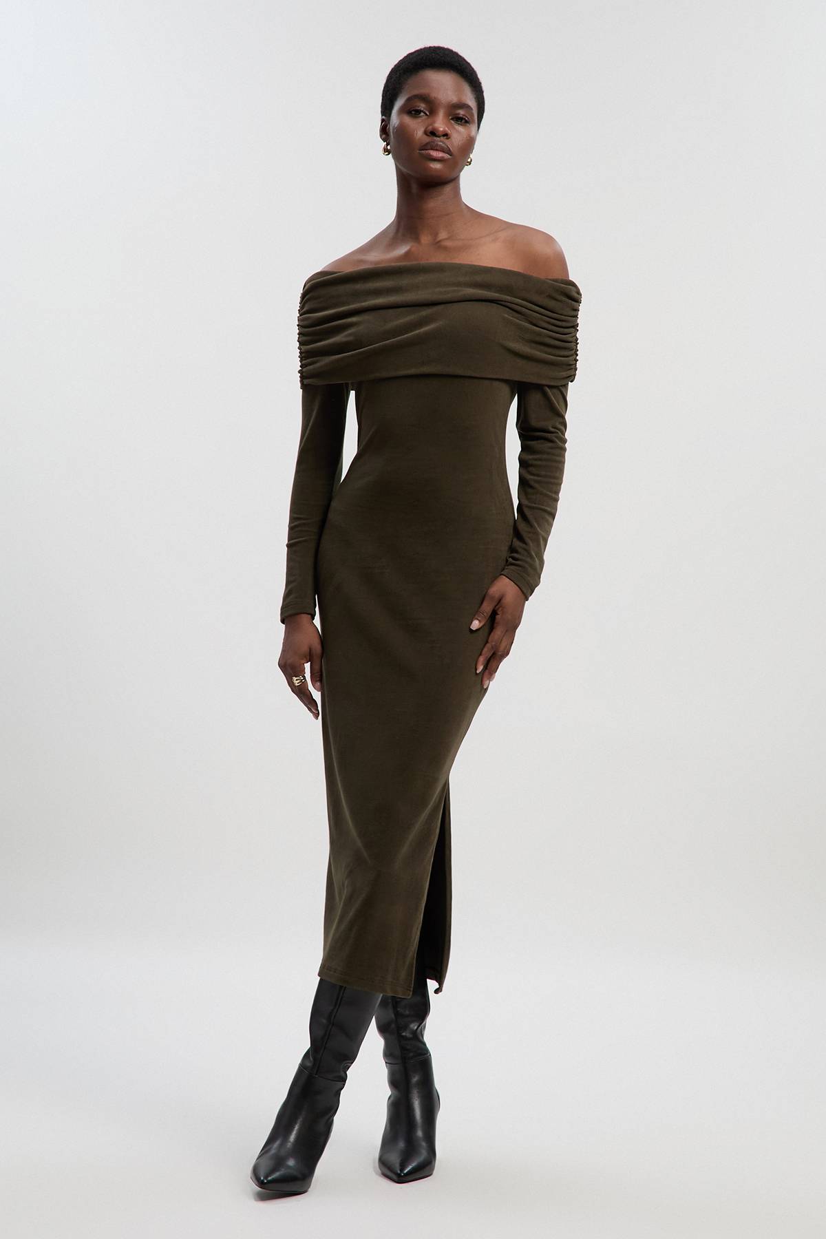 KarenMillen Robe Mi-Longue en Jersey Texturé Brossé Épaules Dénudées Petite Taille