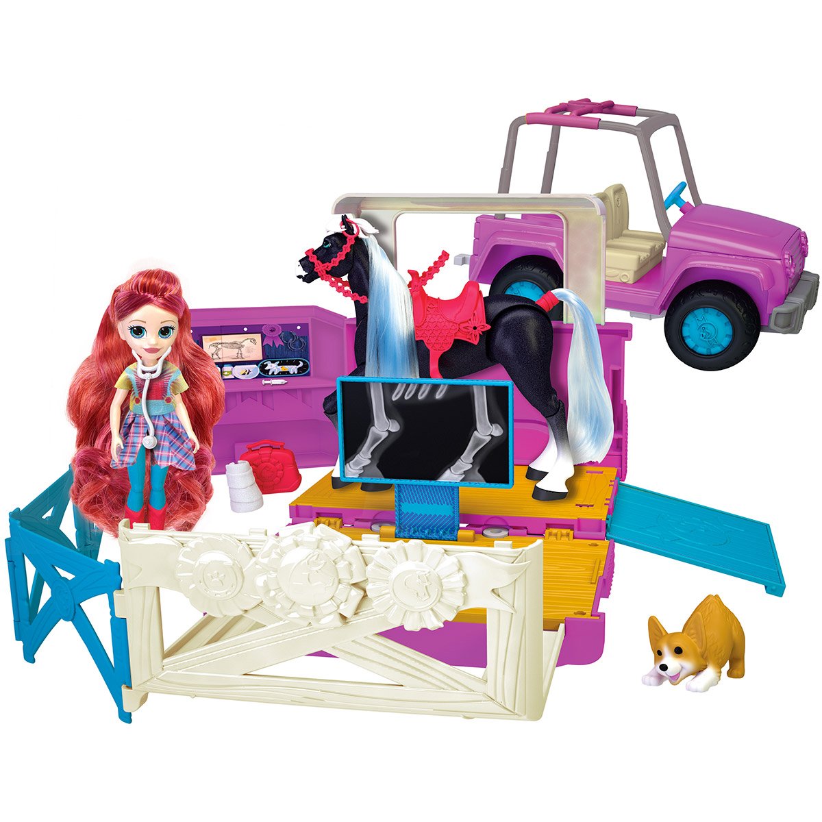 Winner's Stable - Centre Vétérinaire Mobile avec Cheval articulé + Poupée