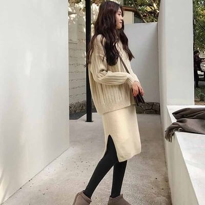 Meatacci - Set: V-hals effen geribbelde trui + mouwloze mockneck effen gebreide midi-jurk