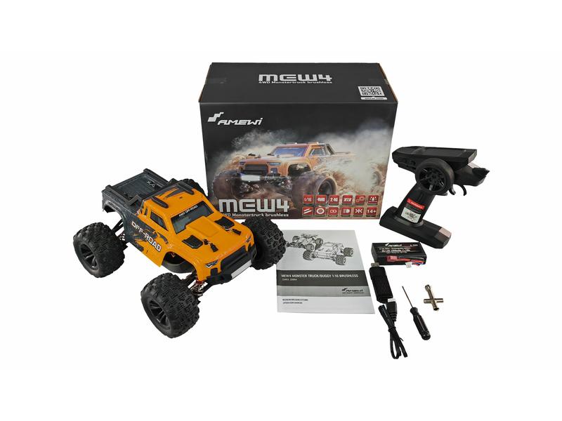 Amewi Monster Truck MEW4 Brushless 4WD RTR, 1:16 Off-Road Modell mit solidem Antriebsstrang aus Metall