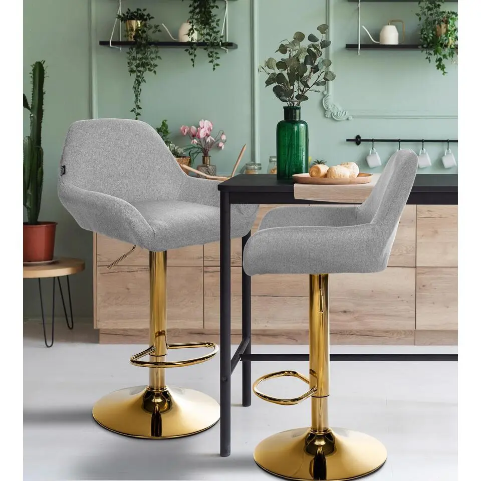 CLP Set van 2 Barkruk Braga goud Frame - Stof - grijs