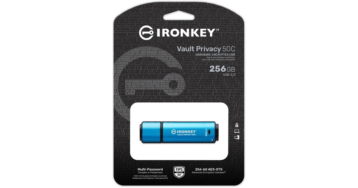 KingstonIronKey Vault Privacy 50 256 GB usb-stick  (Lichtblauw/zwart, USB-C 3.2 Gen 1)