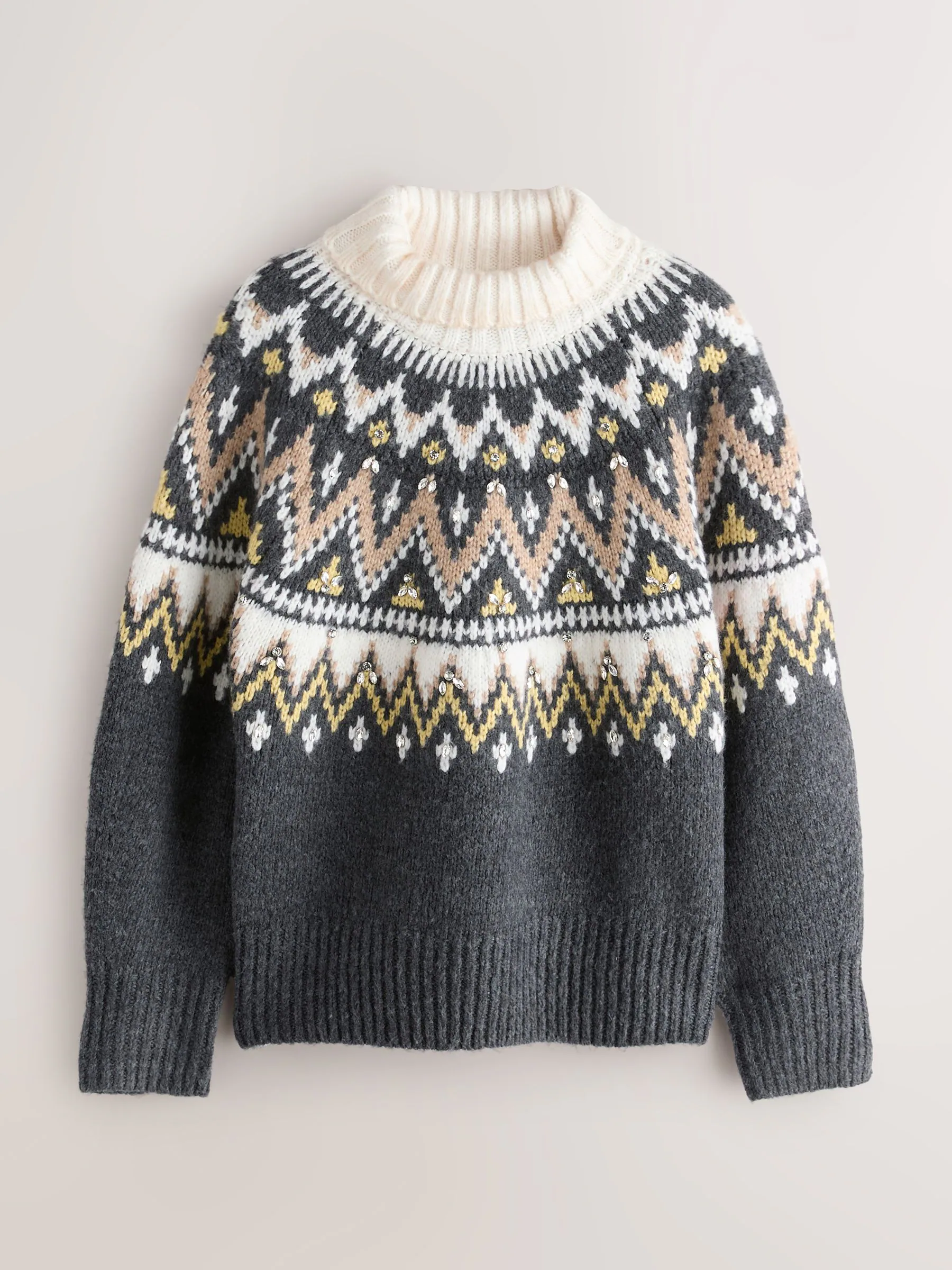 Nothing Ordinary Check Embellished Fairisle High Neck Jumper