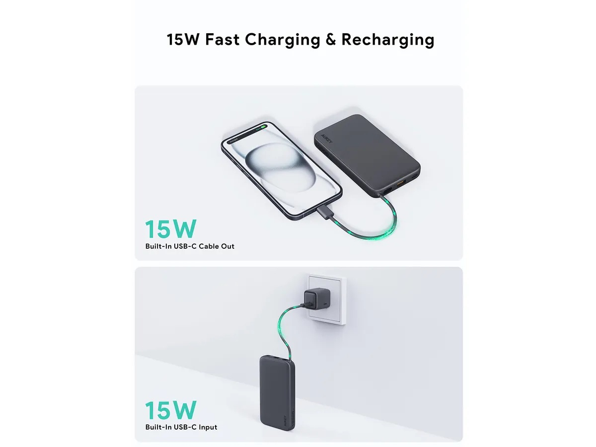 (15W) Spark Sling 10000mAh Powerbank USB C / USB A Ladegerät inkl. USB C Ladekabel Power Delivery (PB-Y53) - Grau