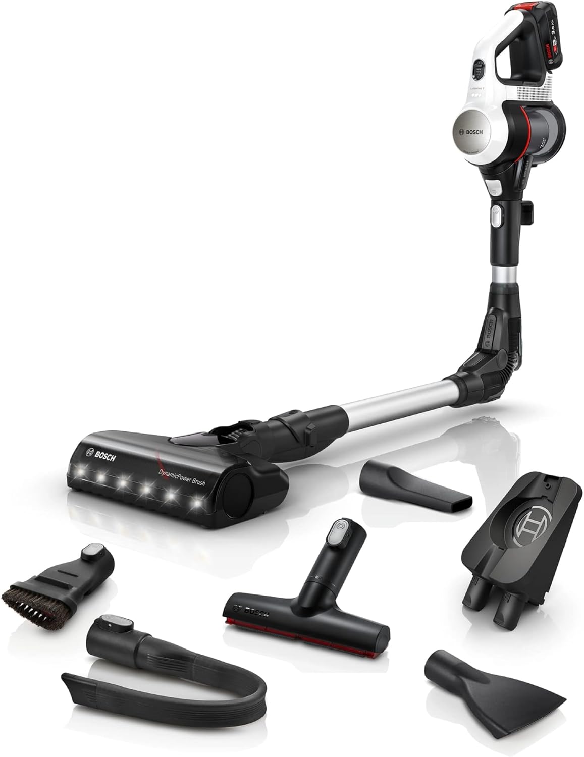 Bosch Akku-Staubsauger Unlimited 7 BSS711W, kabelloser Handstaubsauger, beutellos, Wechselakku, Knickrohr, Hygiene-Filter, 10 Jahre Motorgarantie, XXL-Polsterdüse, LED-Beleuchtung, Turbostufe, weiß