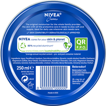 NIVEA Crème Blik - 250ml - Voor Gezicht, Handen en Lichaam - 48H Hydratatie - Bodycrème