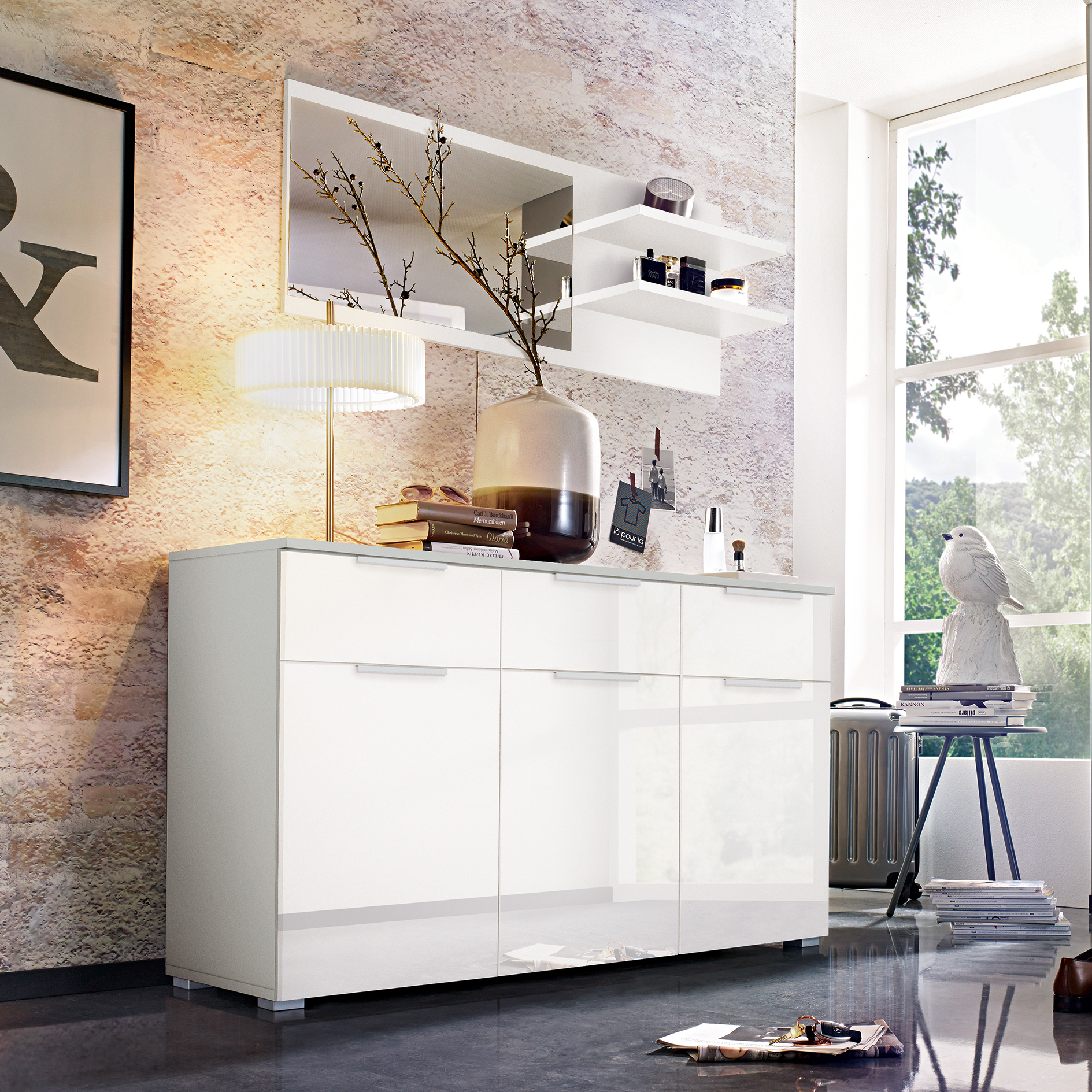 Sideboard - weiß Hochglanz-seidengrau-Alpinweiß - 3-türig - 140 cm