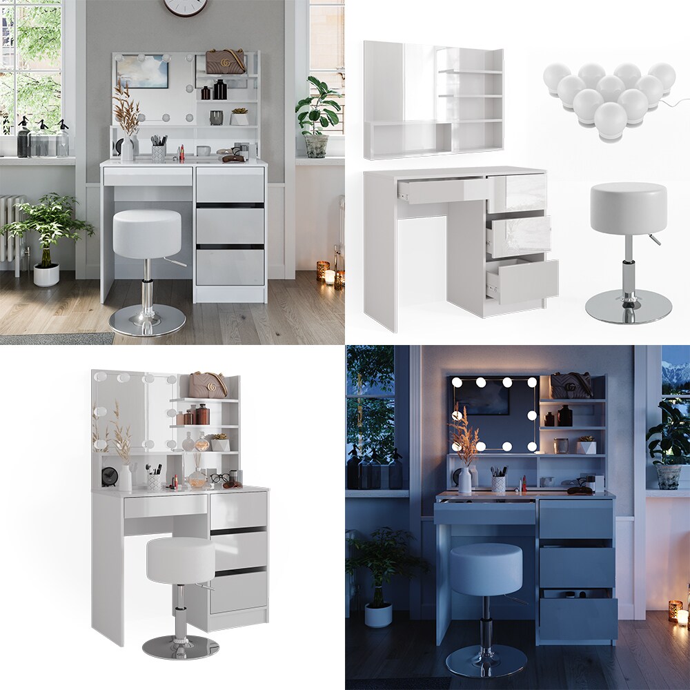 Vicco Schminktisch Sherry Weiß Hochglanz 90 x 75 cm Spiegel LED & Hocker Regal