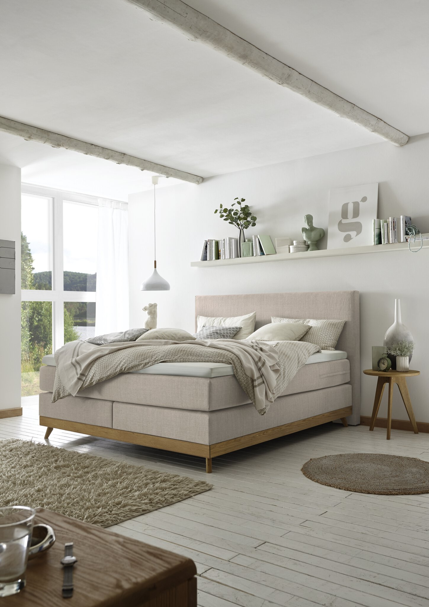 Boxspringbett HASENA SCANDIA 140X200 beige \/ Eiche bianco geölt Viskoschaum soft
