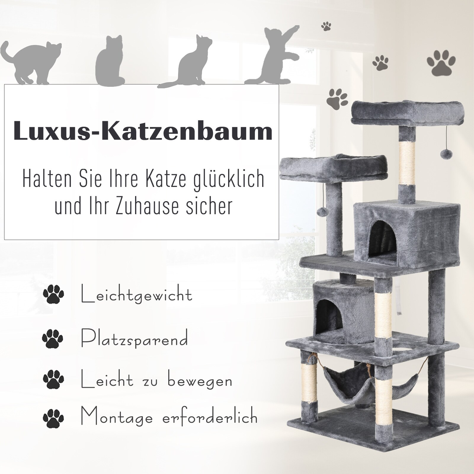 PawHut Kratzbaum mit Spielbällen und Kuschelhöhle grau 60 x 50 x 145 cm (BxTxH)