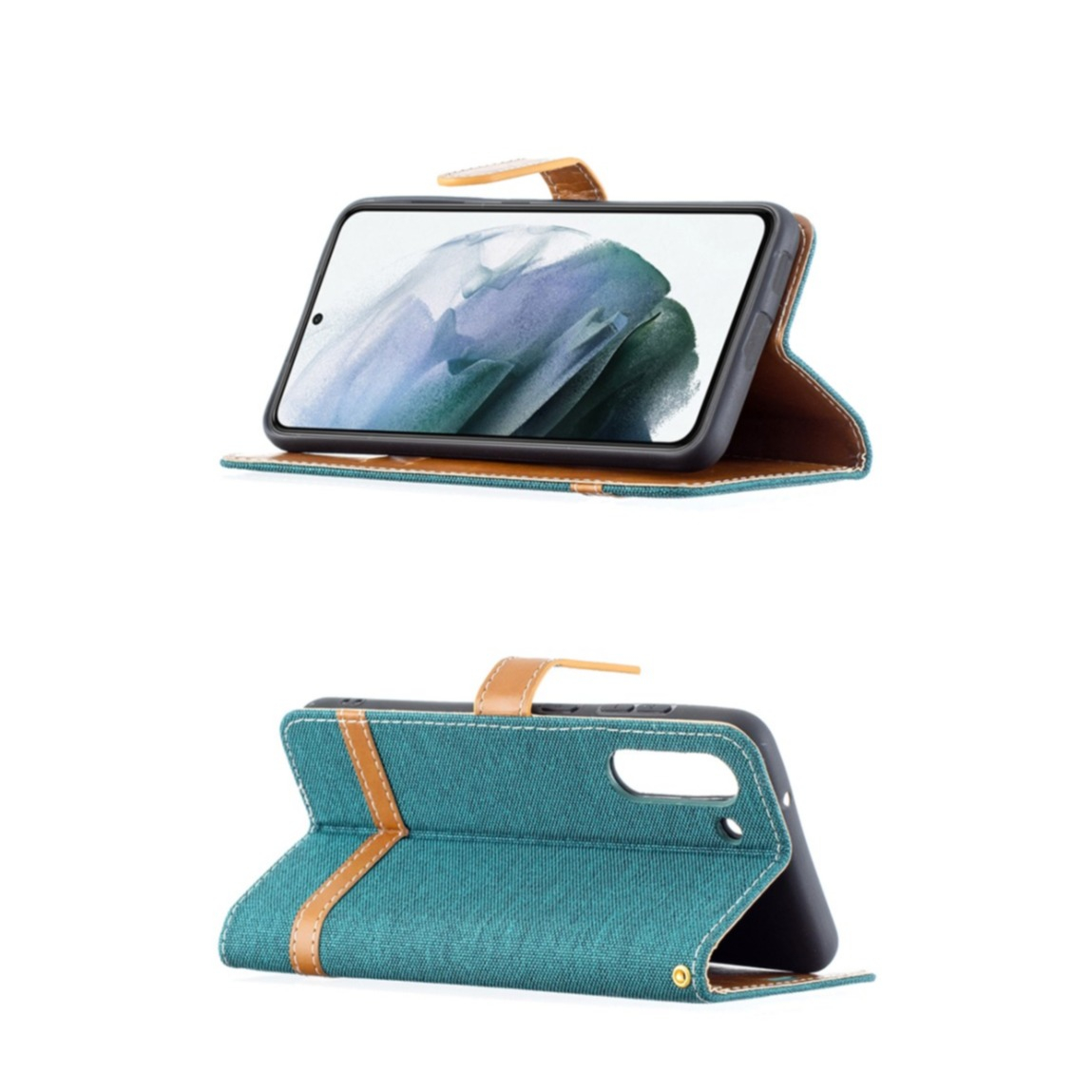 Samsung Galaxy S21 FE 5G Stoff Tasche im Jeans Look mit Kartenfach   Magnetverschluss - Grün / Braun
