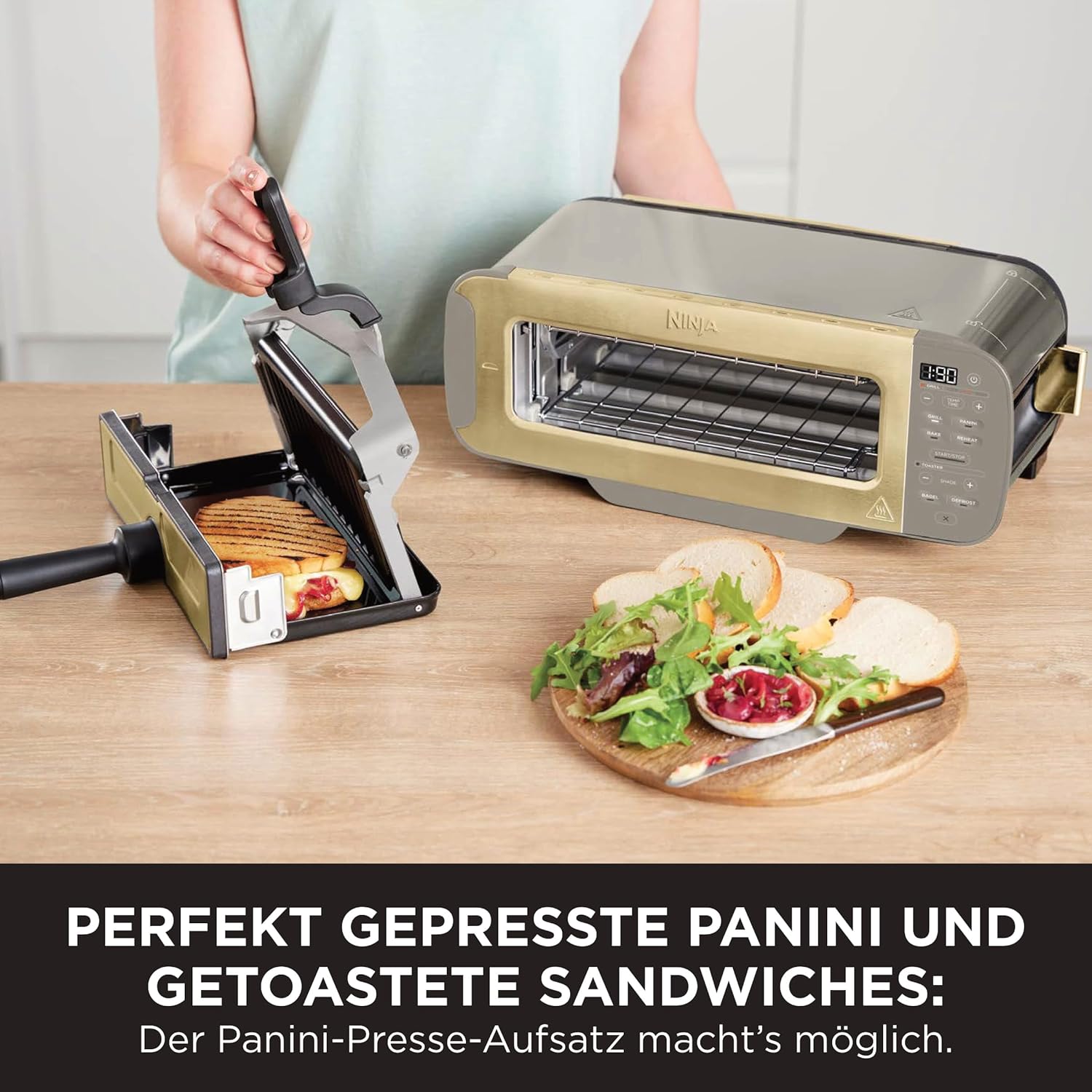 Ninja Foodi 3-in-1 Toaster, Elektrogrill mit Deckel, Panini-Presse mit Flip-Design, 7 Kochfunktionen, 7 Toastlinien, Backblech und Krümelschale, Stone Gold, ST202EUSTGD