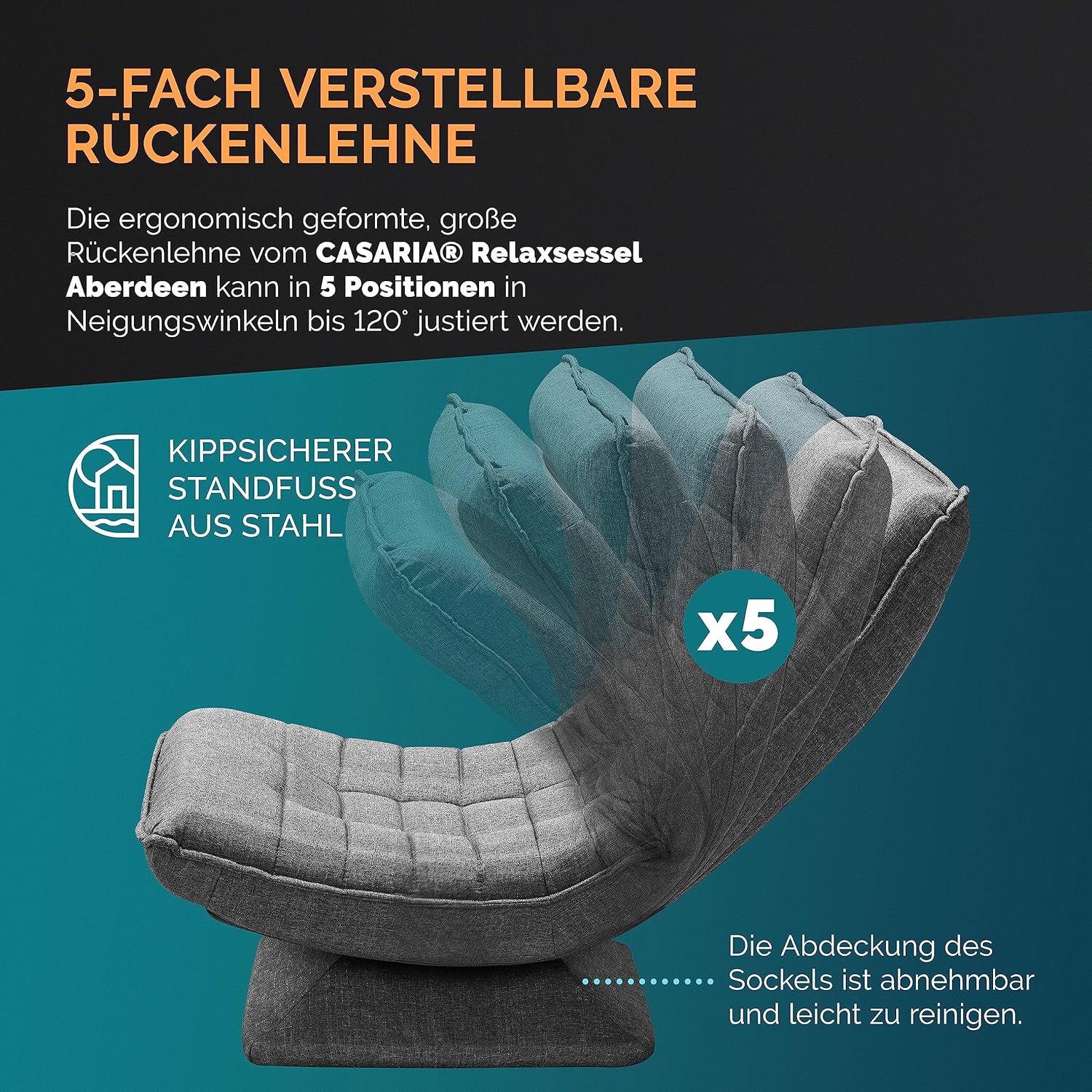 Casaria® Sessel verstellbare Rückenlehne 360° Drehbar Klappbar 150kg Belastbarkeit 60x105x87cm Gepolstert Wohnzimmer Gaming Relax Boden Lounge Sessel Grau