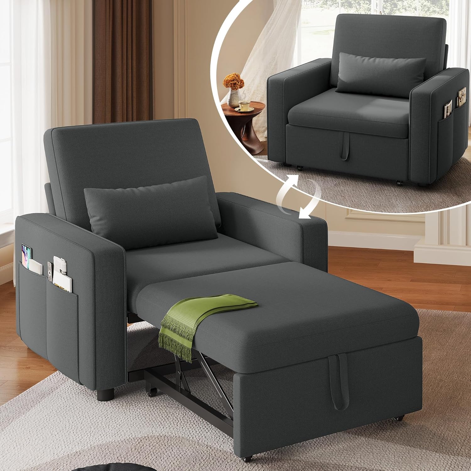 YITAHOME Schlafsessel mit Bettfunktion 192×88, 3-in-1 Ausziehbares Schlafsofa, Verstellbares Einzelsessel mit Kissen und Seitentasche, Sofa mit Schlaffunktion für Wohnzimmer Wohnung, Dunkelgrau