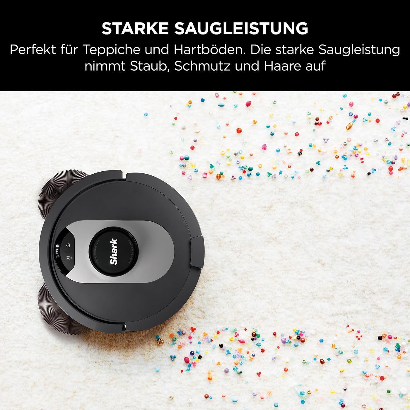 Shark AI 360 Saugroboter, selbstentleerender Staubsauger-Roboter, geeignet für alle Teppiche und Hartböden, Roboterstaubsauger, 120 Min Laufzeit, manuelle und App-Steuerung, Schwarz/Silber, RV2500SEU