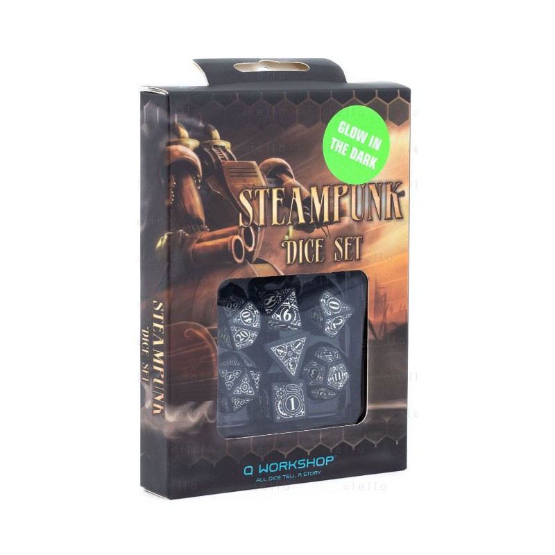 Set de dés - Steampunk- Noirs et Blancs Phosphorescents