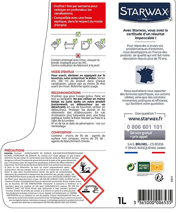 Entretien canalisations avec javel Starwax 1L