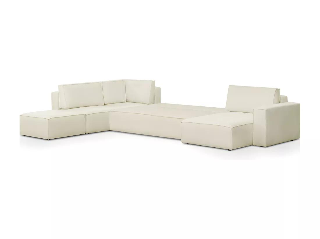 Canapé d'angle à gauche panoramique convertible modulable 8 places avec pouf en tissu bouclé écru - Harper Mod