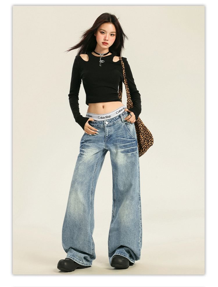 Denimot - Mid Rise Washed Wide Leg Jeans (diverse designs)