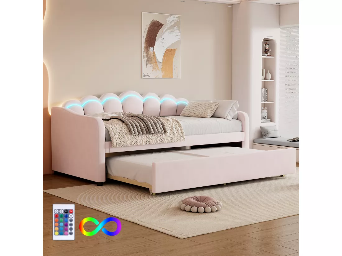 Lit gigogne 90 x 200 cm + lit 90 x 190 cm, canapé-lit - velours - LEDs - coloris rose (sans matelas)