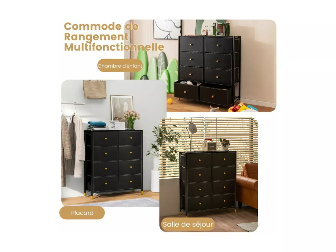 Commode Chambre, Commode Chambre Adulte 8 Tiroirs en Cuir PU et Tissu Pliable, Cadre en Métal, Chiffonnier Moderne avec Poignée Doré, Commode Rangement pour Salon, Entrée, Noir (8 Tiroirs)