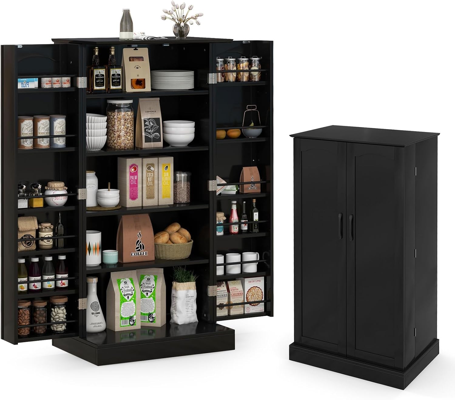KOMFOTTEU Vorratsschrank mit Doppeltür, Aufbewahrungsschrank mit verstellbaren Einlegeböden, Mehrzweckschrank Süßigkeitenschrank, Küchenanrichte für Esszimmer, 60x40x120 cm (Schwarz)