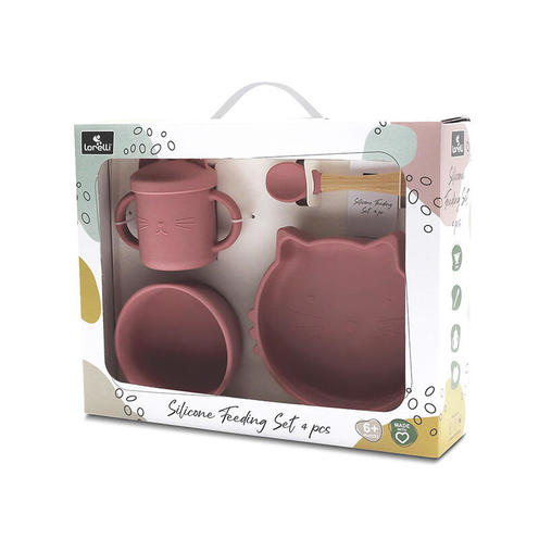 Set 4 pièces silicones avec bol + assiette + tasse et cuillère ROSE - LORELLI