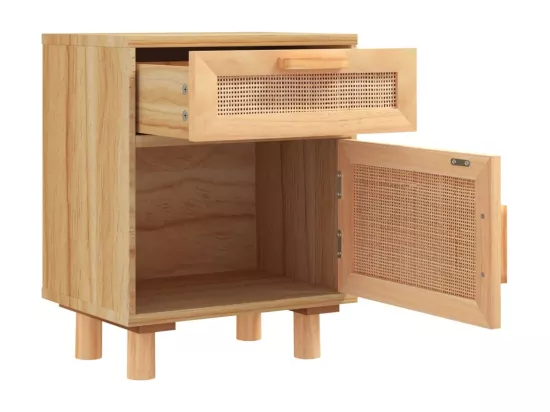 Table de chevet Marron Bois de pin massif et rotin naturel
