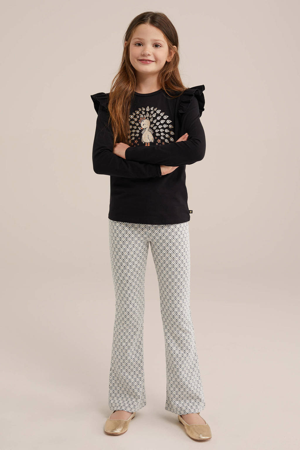 WE Fashion longsleeve met printopdruk en glitters zwart/goud