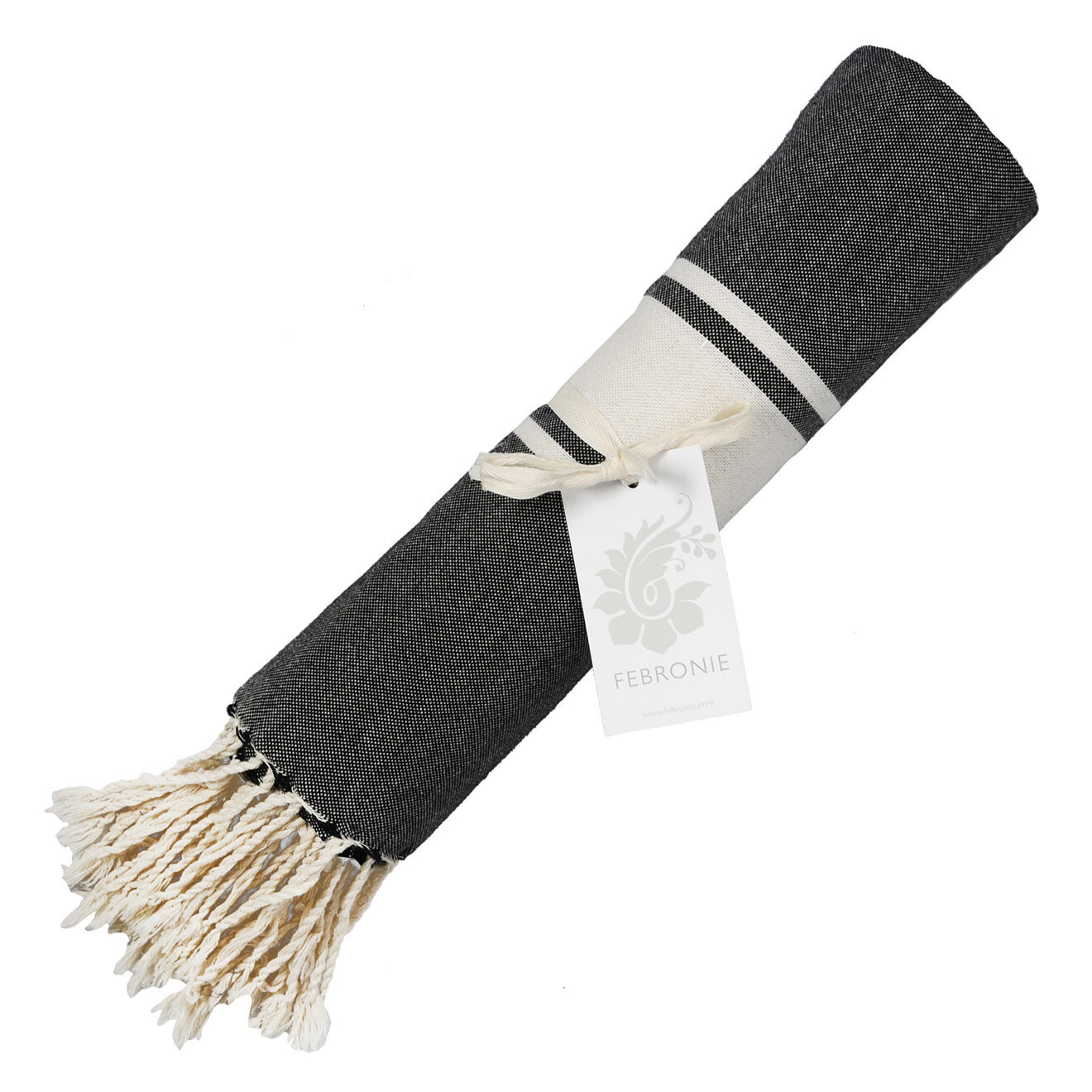 Febronie Fouta Traditionelle St Tropez rayure classique noire - 100x200 cm