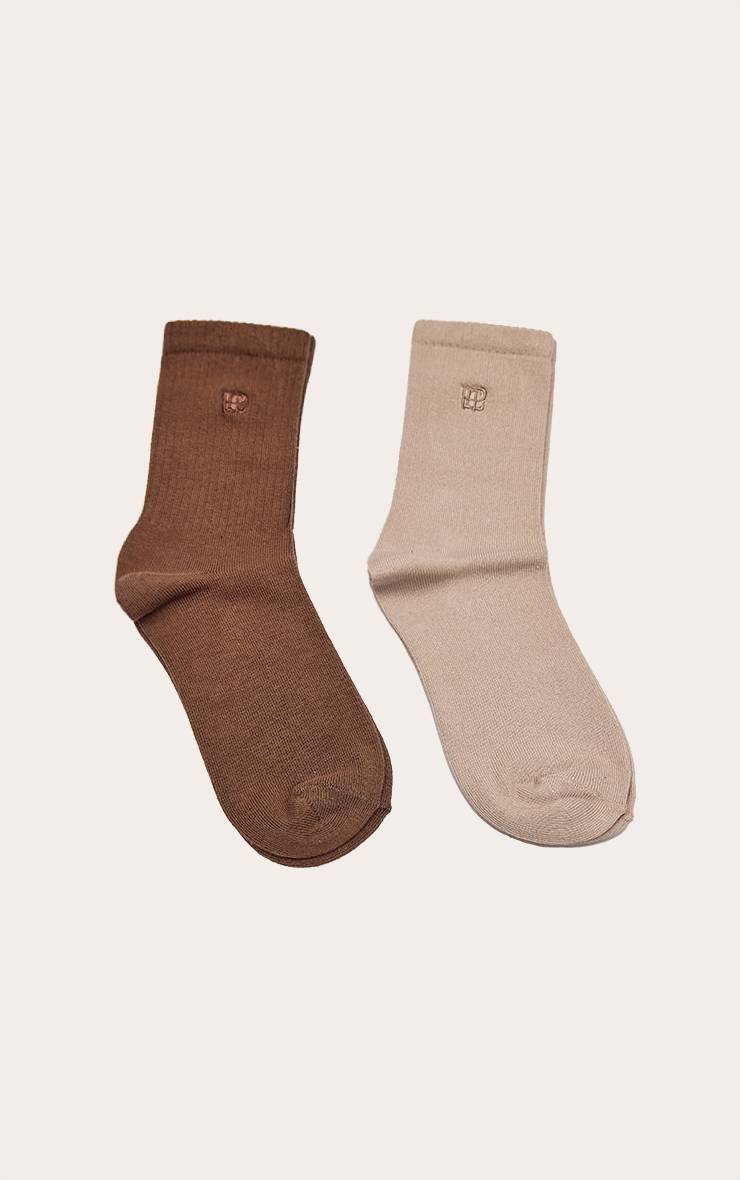 Marron Lot De 2 Paires De Chaussettes Côtelées Brodées Beige