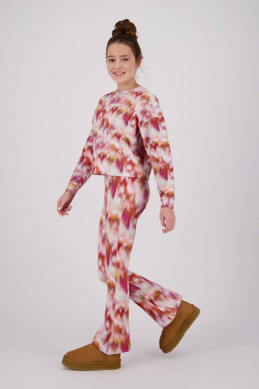 Raizzed flared broek Tine met all over print beige/rood/oranje